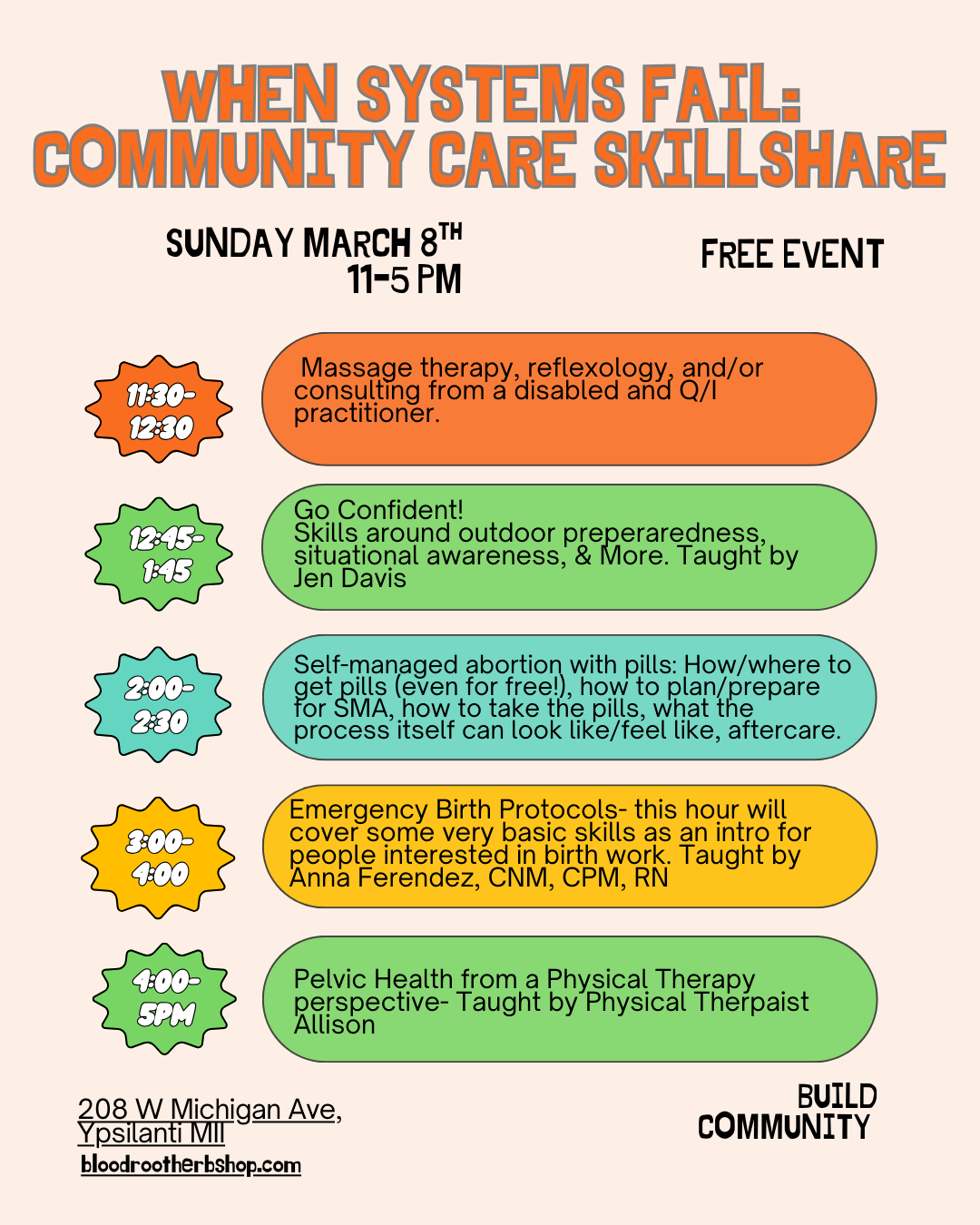 Free Community Skill Share Day March 8th 11-5pm