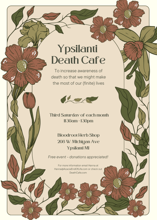 Flyer that is framed in flower decoration and explaining the details of the Death Cafe event